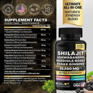 Shilajit Ashwagandha Rhodiola Rosea Panax Ginseng Supplement Fitness - Made in USA with 15,250MG Energize Your Vitality