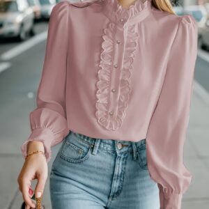 Fashionable Stand-up Collar Long-sleeved Shirt With Lotus Leaf Hem