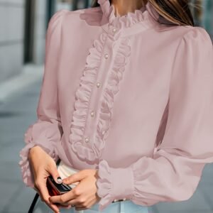 Fashionable Stand-up Collar Long-sleeved Shirt With Lotus Leaf Hem
