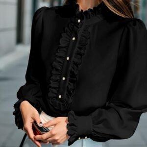 Fashionable Stand-up Collar Long-sleeved Shirt With Lotus Leaf Hem