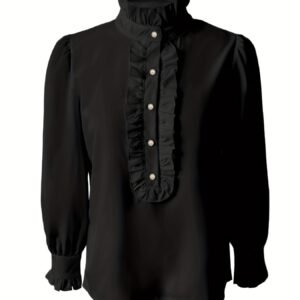 Fashionable Stand-up Collar Long-sleeved Shirt With Lotus Leaf Hem